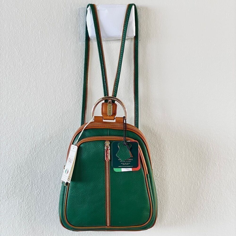 NWT Valentina Green Tan Italian Genuine Leather Convertible Sling Backpack Bag